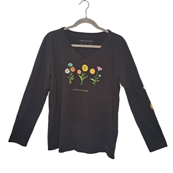 Life Is Good Black Floral Long Sleeve Crusher Tee Size Large - Picture 1 of 6